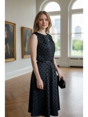 ELLE Black Polka Dot Sleeveless Fit & Flare Chic Dress Stretch Comfort Party NEW